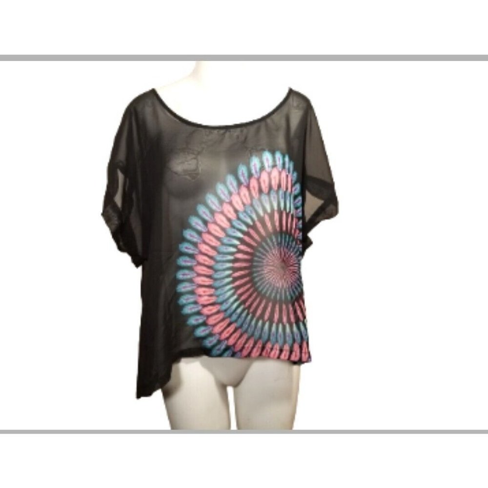 Xhilaration Top Size XXL Black Sheer Overlay Swim Shirt Peacock Feather Print